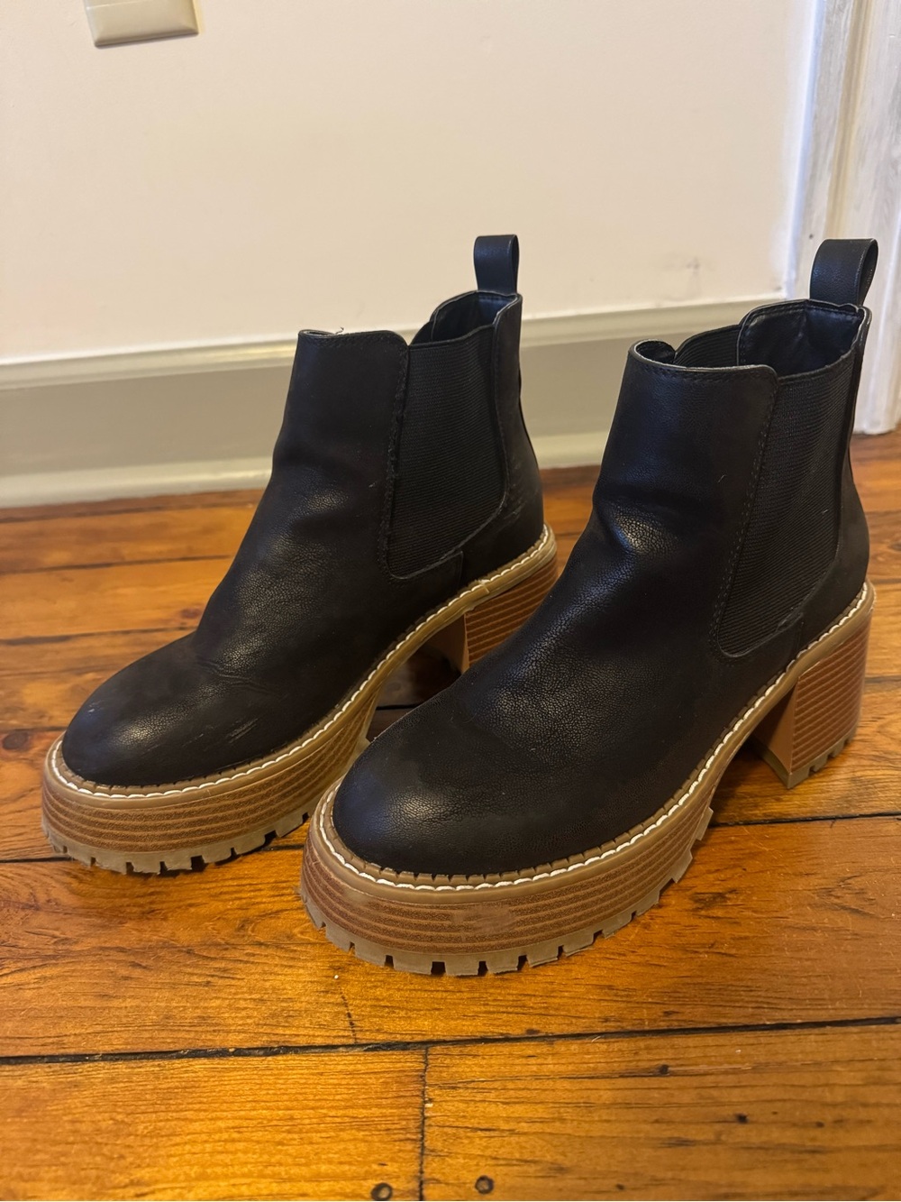 Black Platform Chelsea Booties with Chunky Heel